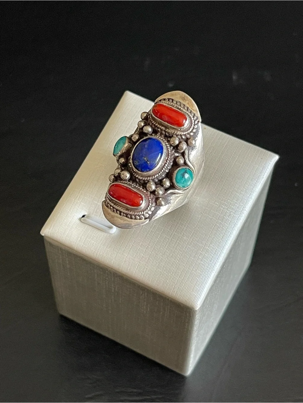 Vintage 925 Sterling genuine lapis turquoise,red coral Statement Ring.
